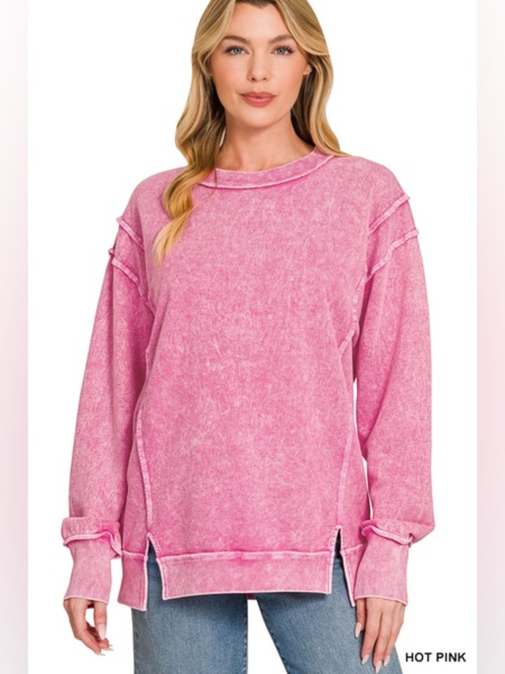 Zenana Outfitters Hot Pink Mineral-Wash Pullover Sweatshirt - Picture 1 of 1